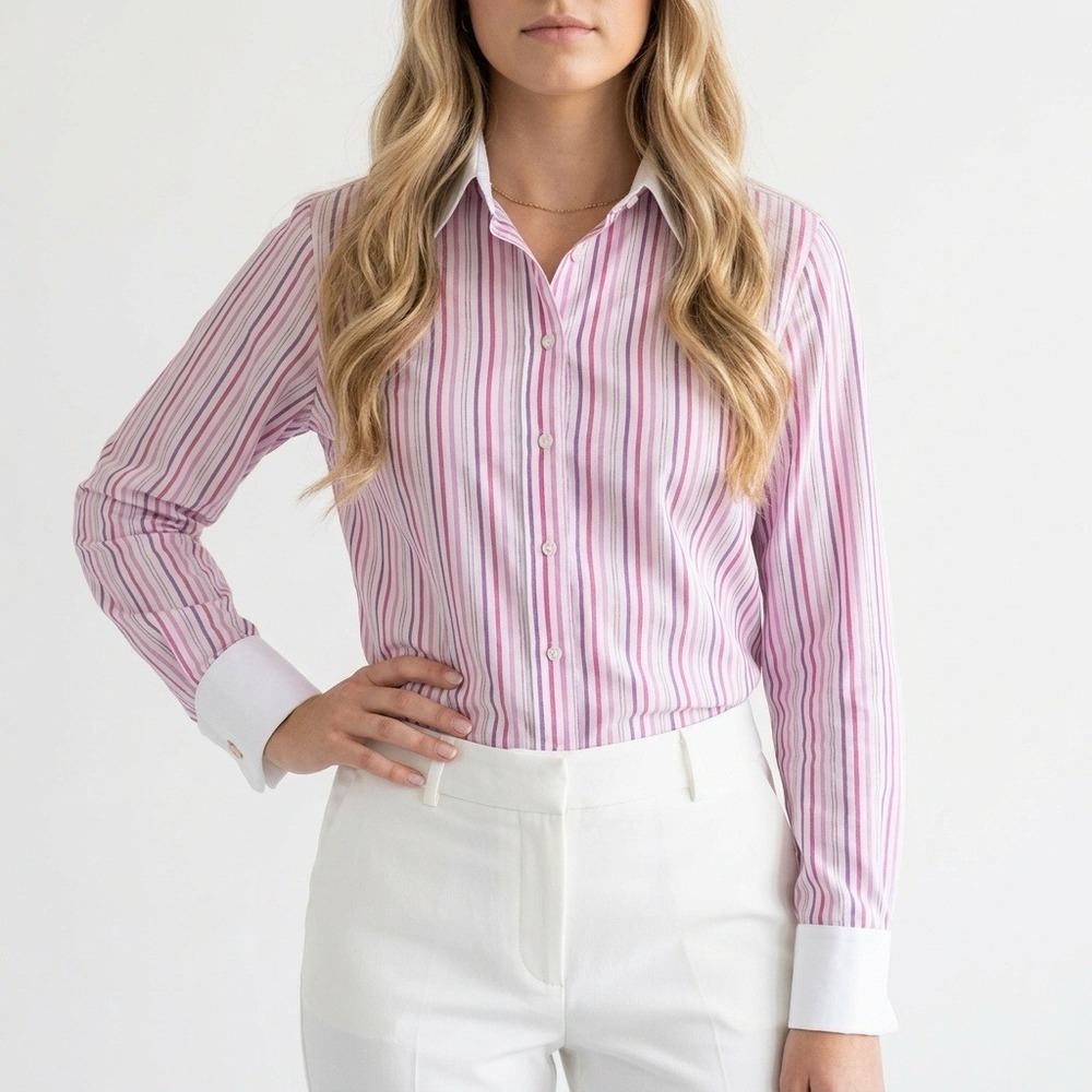 IZOD Womens Pink Purple Striped No Iron Button Down Shirt White Collar Cuffs Lg